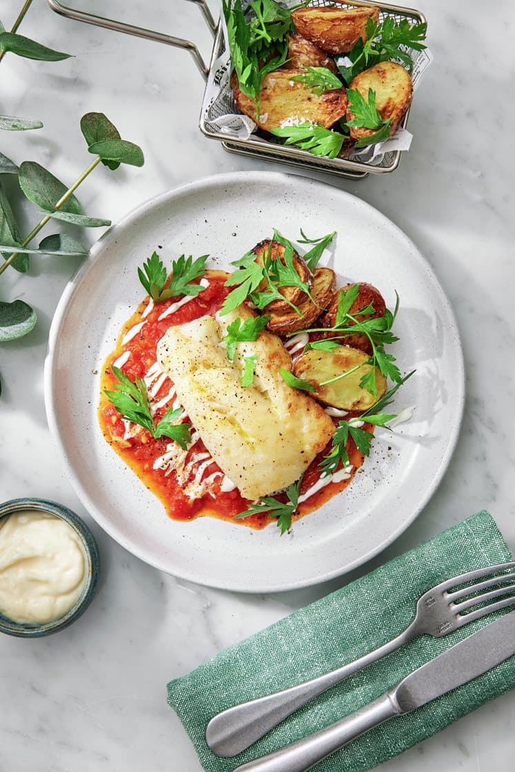 Torskfilé meunière med kryddig tomatsås, aioli och rostad persiljepotatis