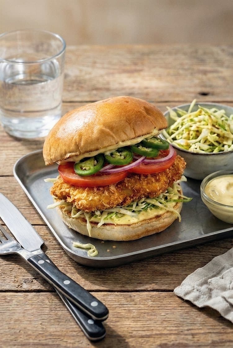 Crispy chicken burger med jalapeño, rödlök och bearnaisesås